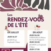 Au cas où tu ne saches pas quoi faire cet été, nous on y sera ! 🍷 
Les Jeudi 16.07, 20.08 et 27.08 - présents sur l’esplanade pour vous faire (re) découvrir nos vins #jeudivin @costieres2nimes 

Le Jeudi 06.08 - présents à la maison des vins à l’espiguette pour les Vinifolies, dégustation et achat possible directement sur place @maisondesvins.espiguette
